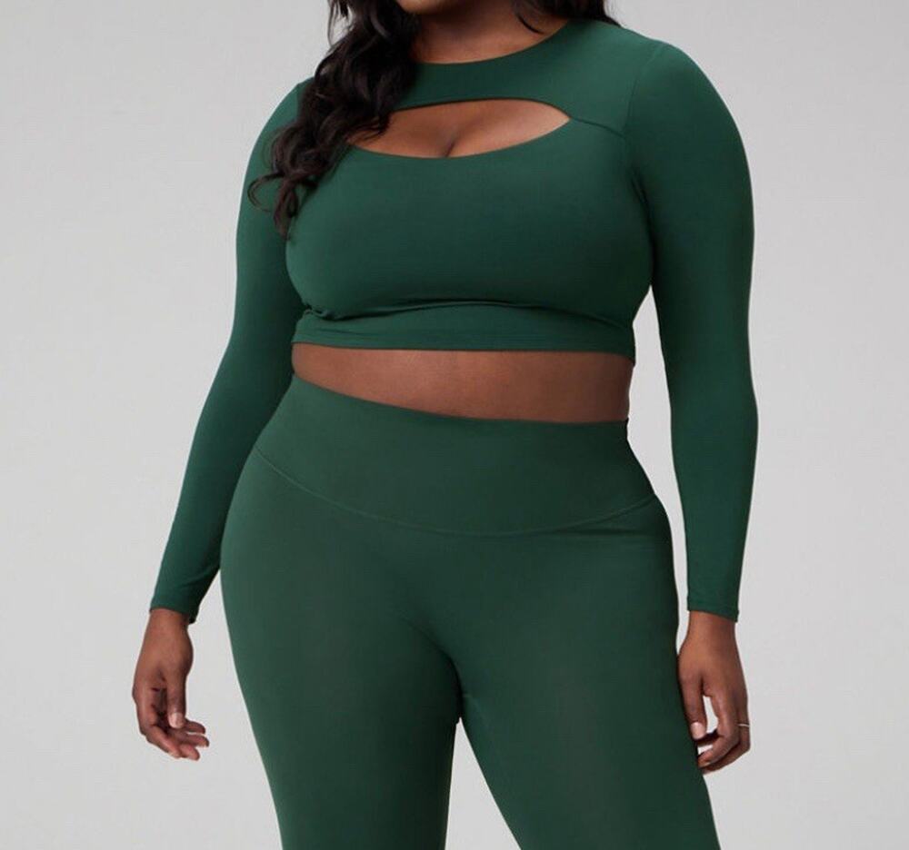 Fabletics Women's Green Cropped Long Sleeve Stretch Round Neck Active Top XL